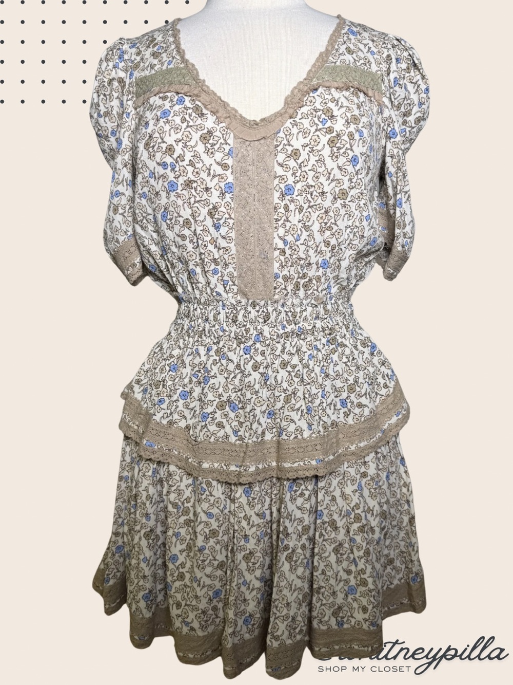 Olivaceous White, Blue, Tan Floral Lace Tiered Cottagecore Mini Dress size M